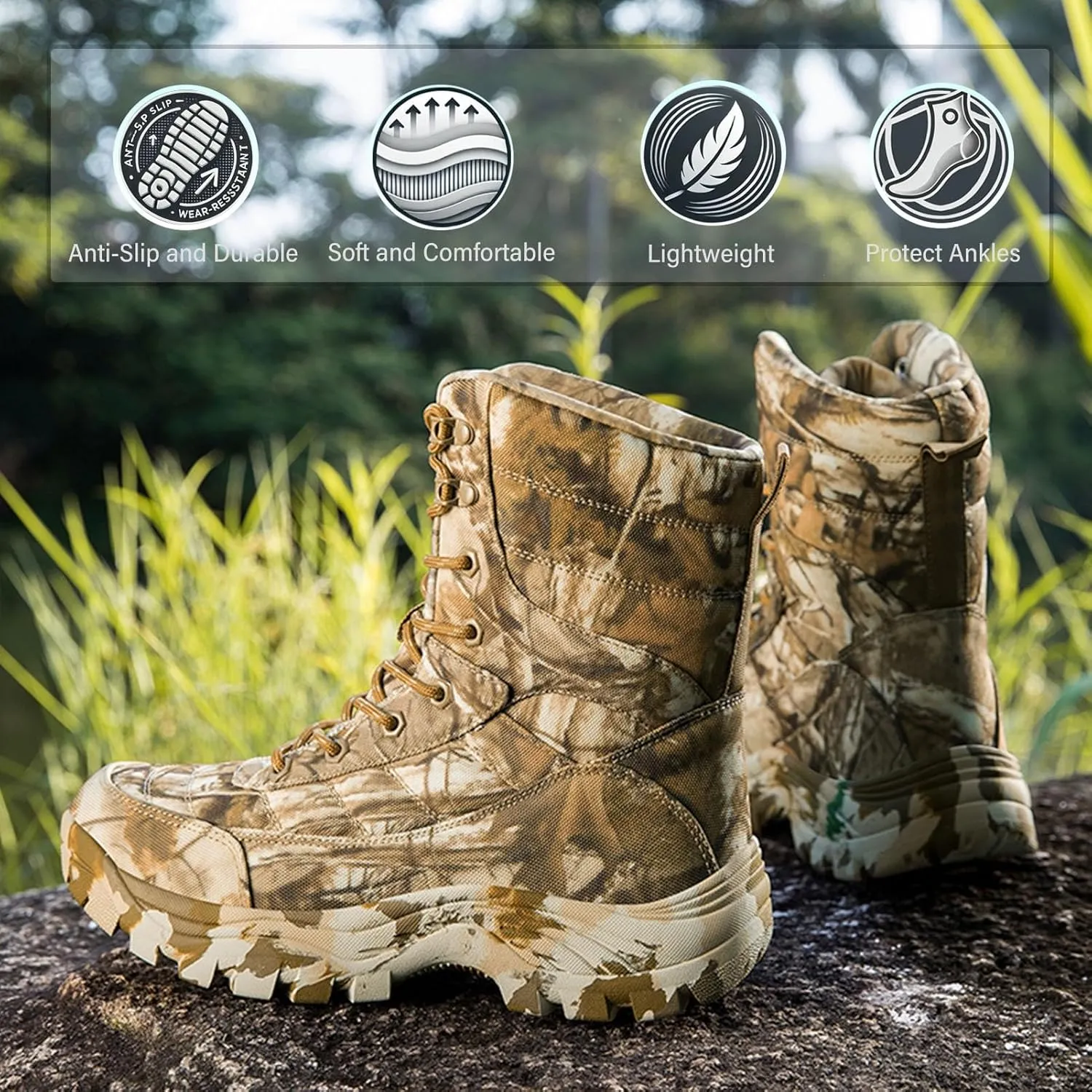 Mens Camo Tactical Combat Boots  Lightweight, Waterproof Hunting & Military Boots With Non-Slip Sole for Outdoor, Hiking & Work