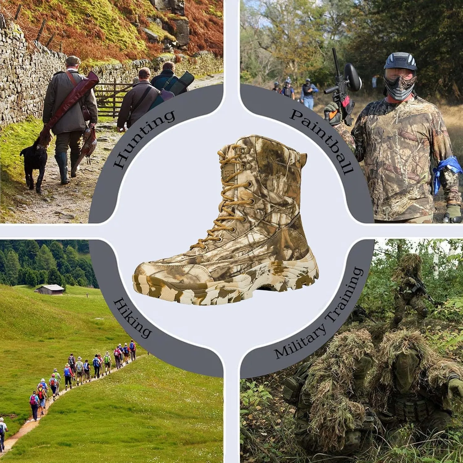 Mens Camo Tactical Combat Boots  Lightweight, Waterproof Hunting & Military Boots With Non-Slip Sole for Outdoor, Hiking & Work