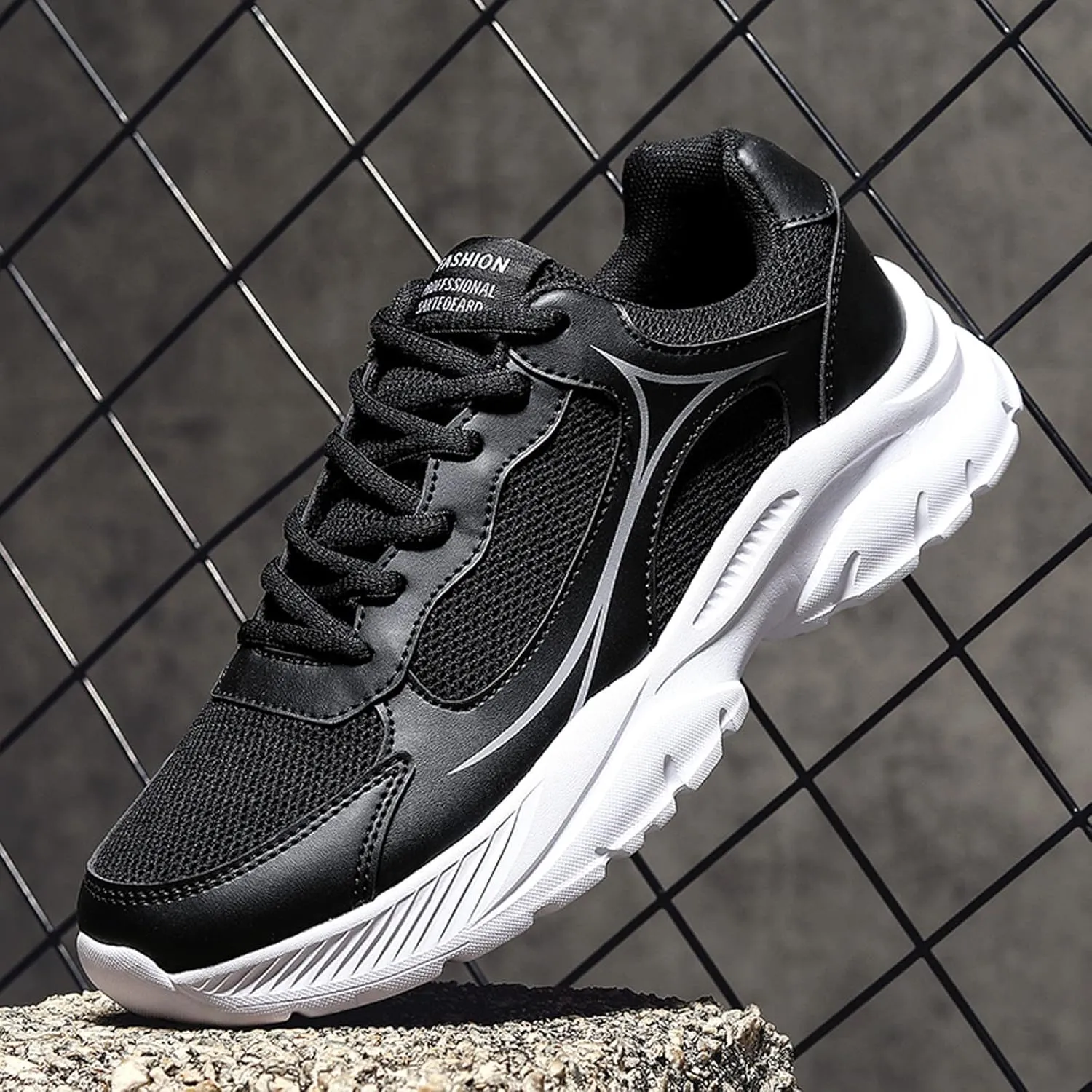 Mens Cushion Running Shoes with Breathable Mesh Knit Arch Support Walking Shoes Durable Comfy Thick Sole Fitness Sneakers for Men Lightweigh Non-Slip Low Top Daily Work Shoe