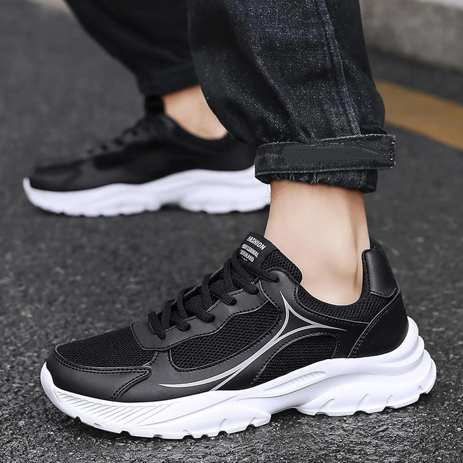 Mens Cushion Running Shoes with Breathable Mesh Knit Arch Support Walking Shoes Durable Comfy Thick Sole Fitness Sneakers for Men Lightweigh Non-Slip Low Top Daily Work Shoe