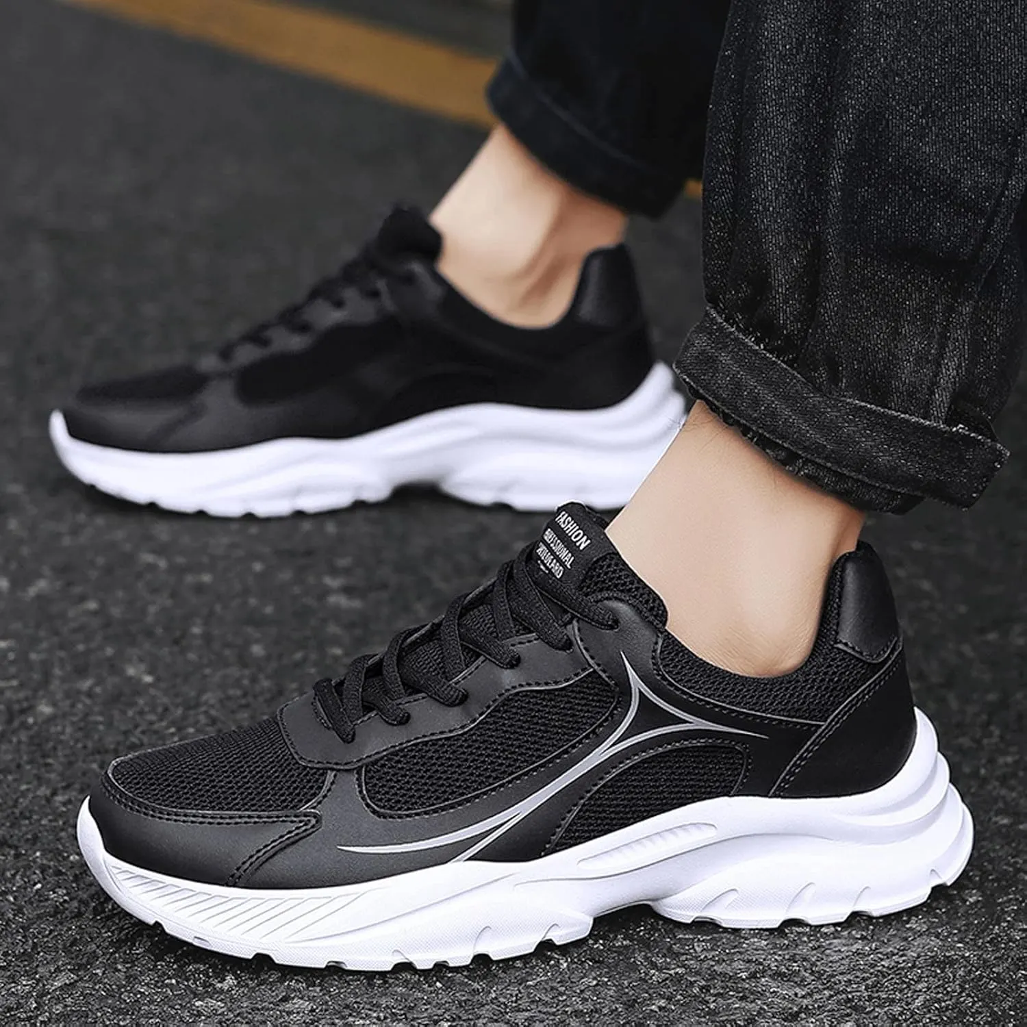 Mens Cushion Running Shoes with Breathable Mesh Knit Arch Support Walking Shoes Durable Comfy Thick Sole Fitness Sneakers for Men Lightweigh Non-Slip Low Top Daily Work Shoe