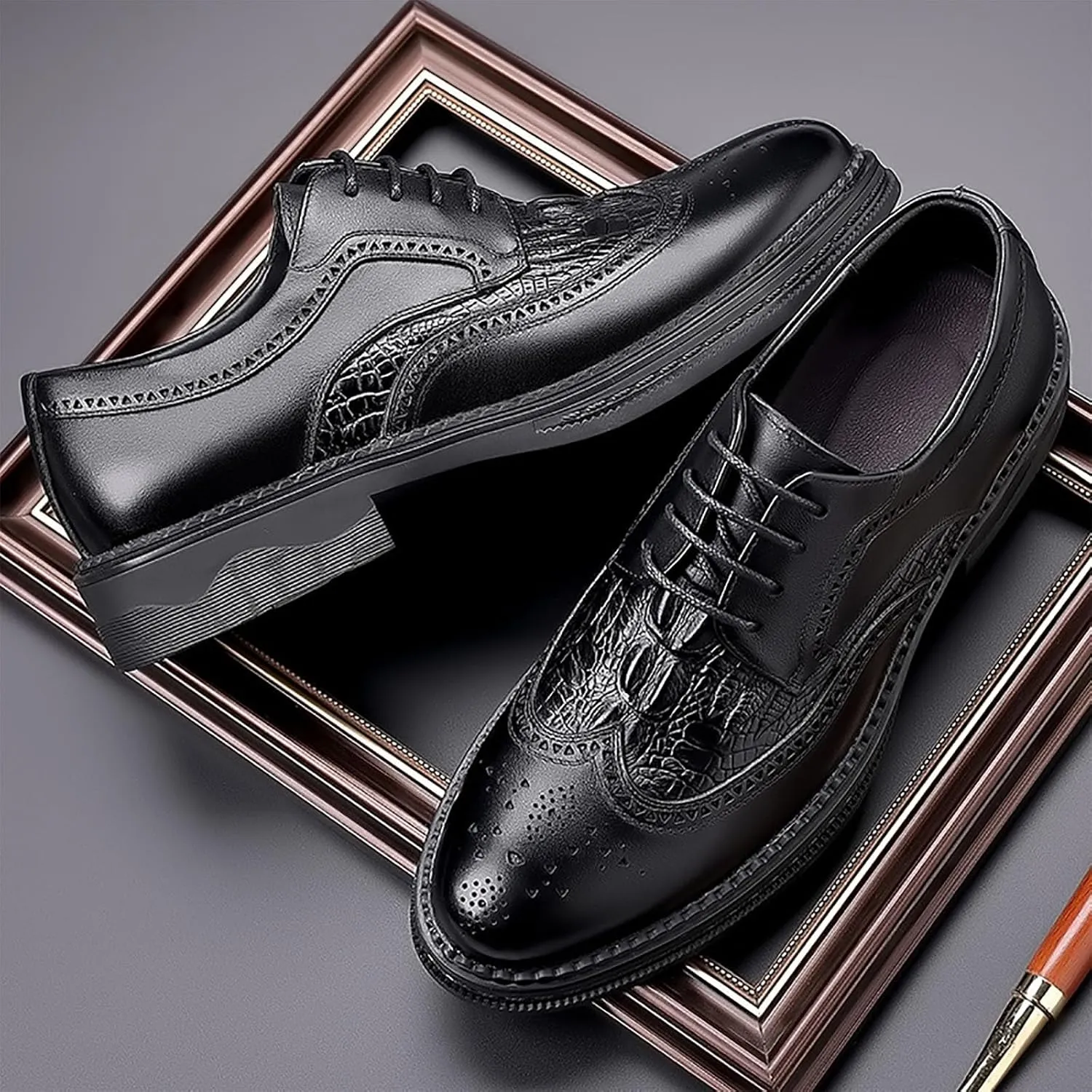 Men's Fashion Modern Oxford Business Casual Leather Dress Shoes, Comfortable Lace Up Breathable Suit Carved Business Shoes