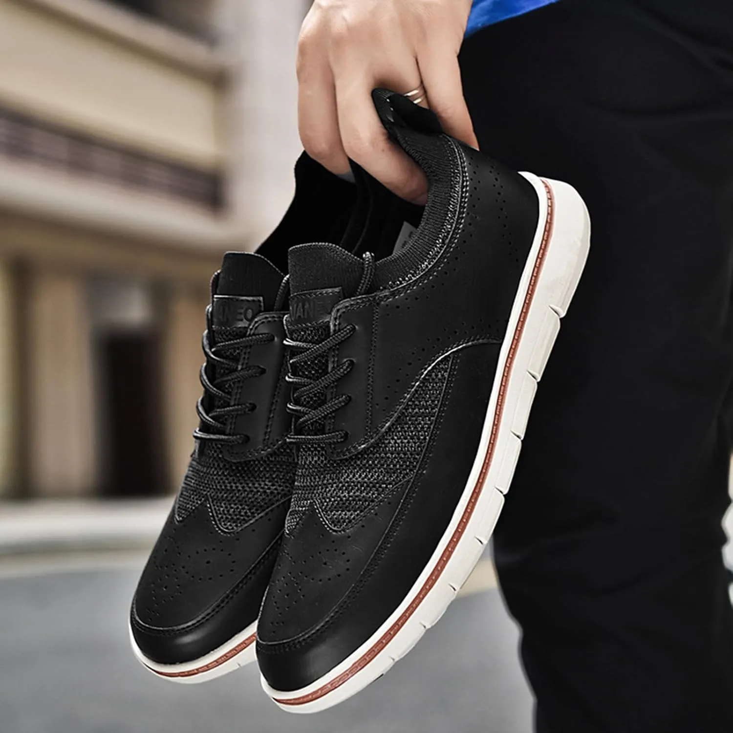 Men's Genuine Leather Knit Oxfords Sneakers Fashion Carving Round-Toe Lace Up Low Top Brogue Dress Shoes Lightweight Comfortable Casual Business Formal Shoes