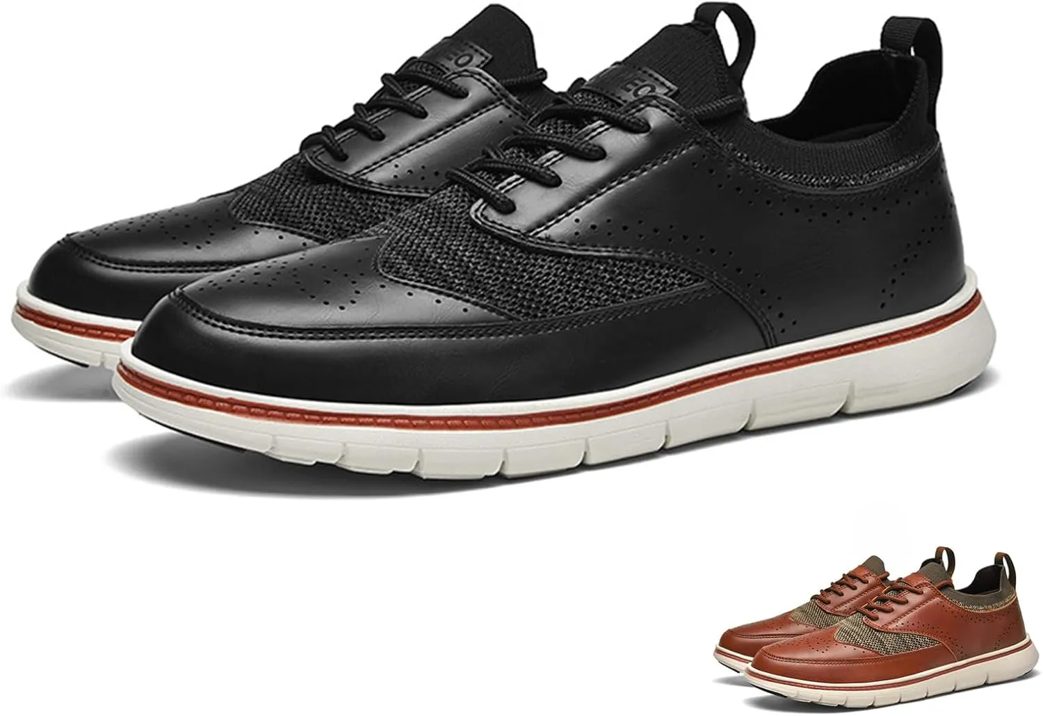 Men's Genuine Leather Knit Oxfords Sneakers Fashion Carving Round-Toe Lace Up Low Top Brogue Dress Shoes Lightweight Comfortable Casual Business Formal Shoes