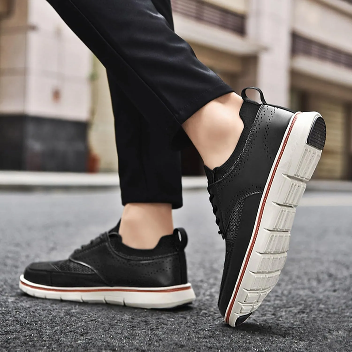 Men's Genuine Leather Knit Oxfords Sneakers Fashion Carving Round-Toe Lace Up Low Top Brogue Dress Shoes Lightweight Comfortable Casual Business Formal Shoes