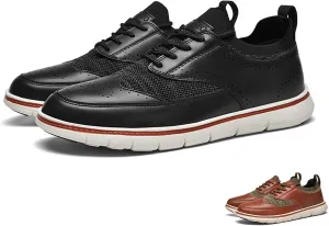 Men's Genuine Leather Knit Oxfords Sneakers Fashion Carving Round-Toe Lace Up Low Top Brogue Dress Shoes Lightweight Comfortable Casual Business Formal Shoes