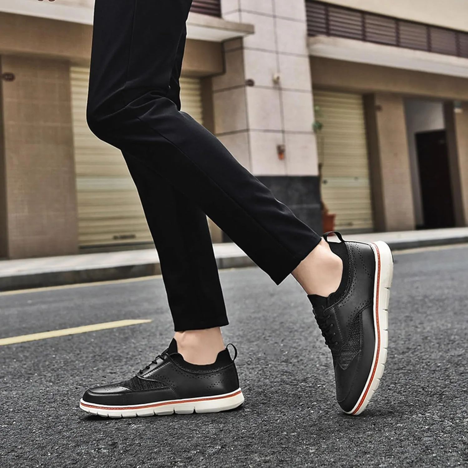 Men's Genuine Leather Knit Oxfords Sneakers Fashion Carving Round-Toe Lace Up Low Top Brogue Dress Shoes Lightweight Comfortable Casual Business Formal Shoes