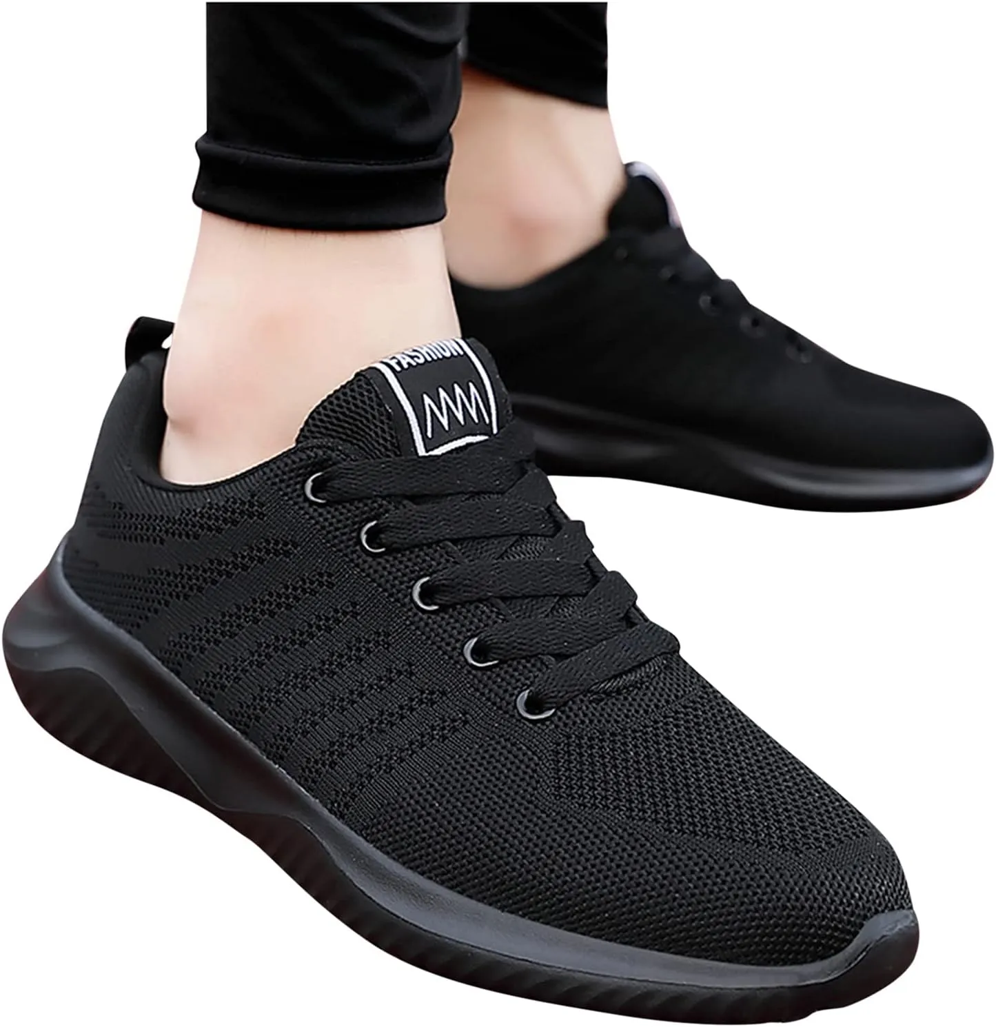 Mens Lace Up Running Shoes Black Breathable Mesh Knit Low Top Tennis Shoes Comfy Arch Support Non-Slip Dail Work Sneakers for Men Cushion Running Sneaker Gym Fitness Outdoor Hiking Footwear