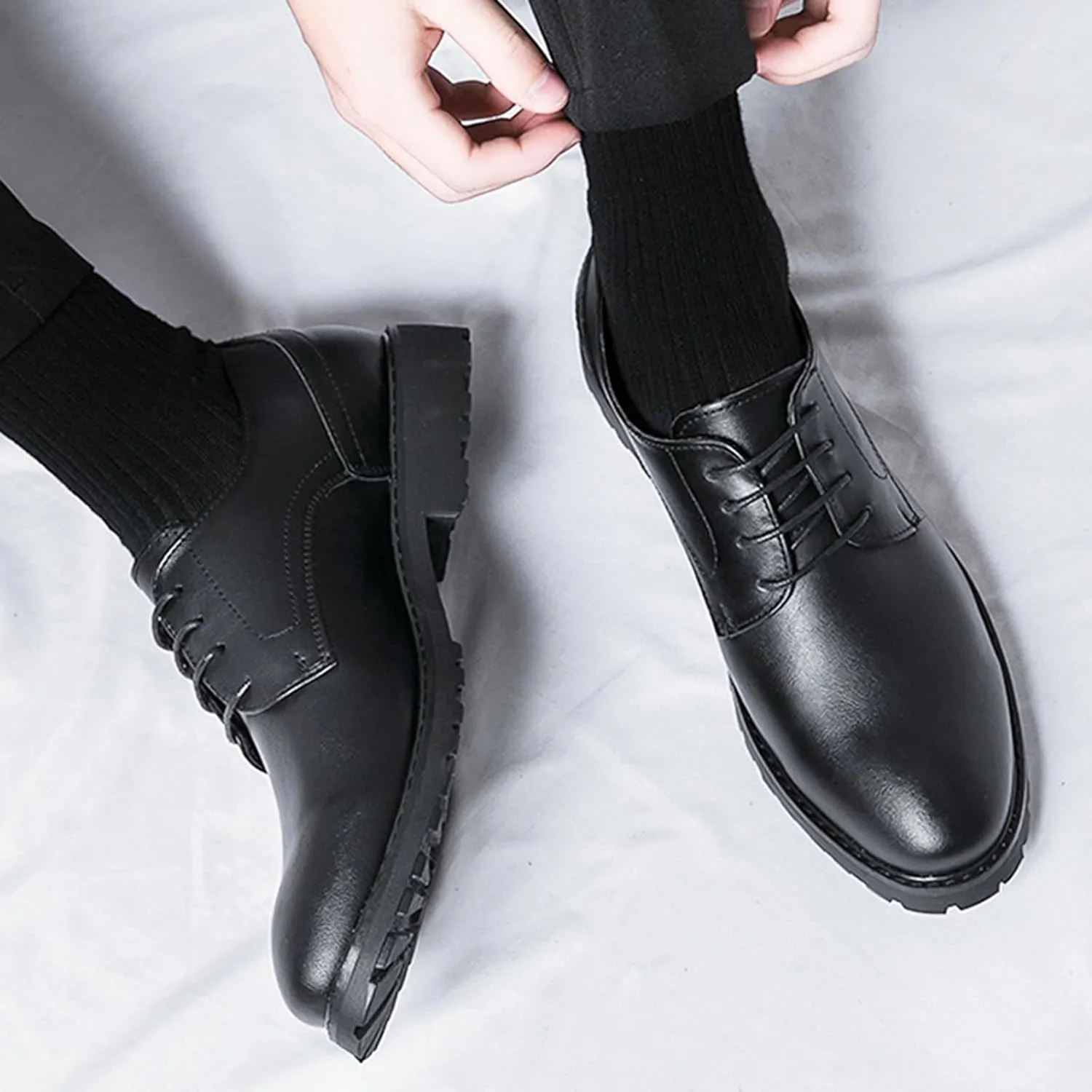 Men's Leather Oxfords Dress Shoes Fashion Round-Toe Lace up Low Top Derby Shoes Retro Classic Business Wedding Formal Shoes