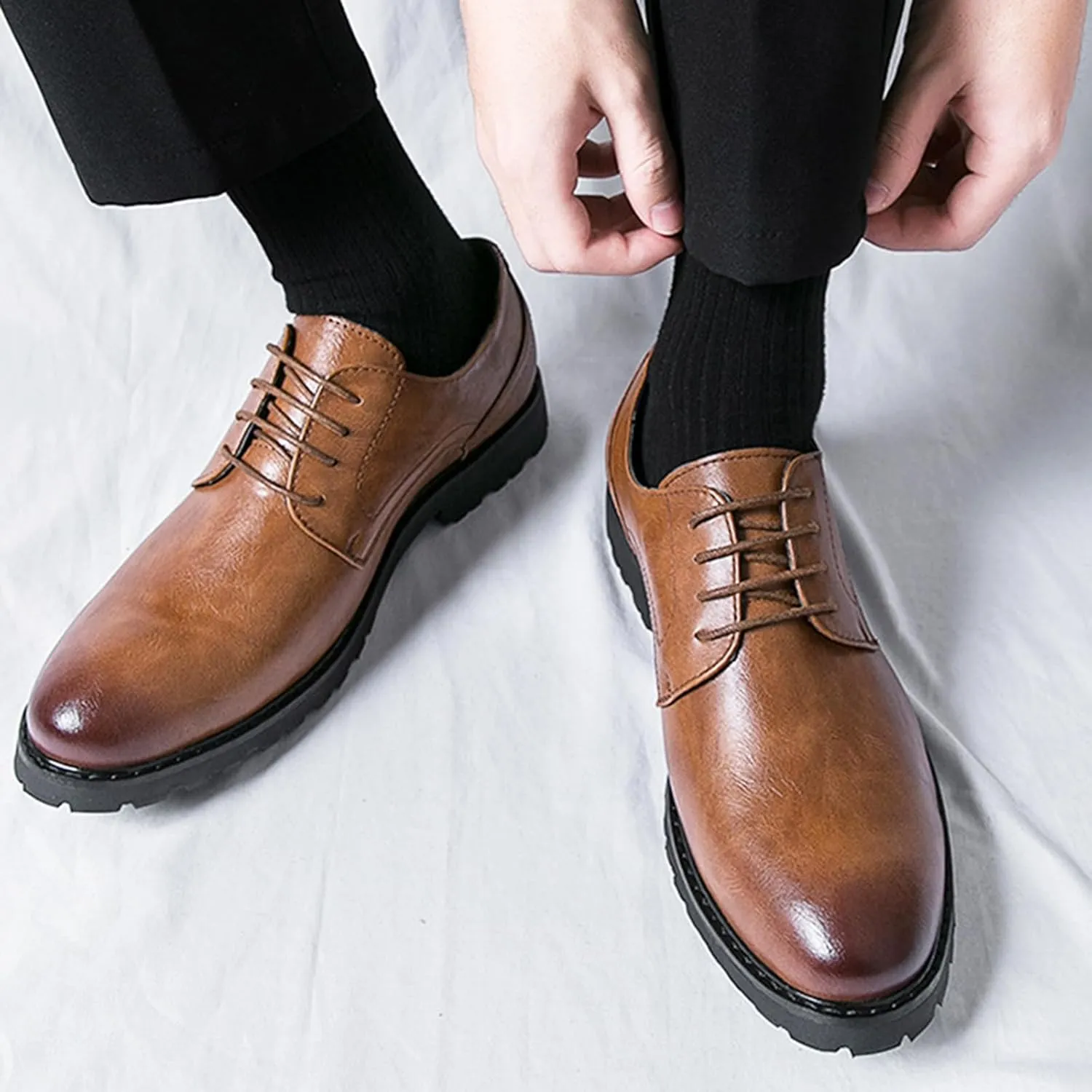 Men's Leather Oxfords Dress Shoes Fashion Round-Toe Lace up Low Top Derby Shoes Retro Classic Business Wedding Formal Shoes
