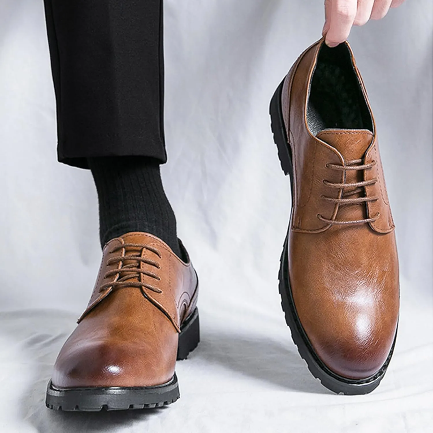 Men's Leather Oxfords Dress Shoes Fashion Round-Toe Lace up Low Top Derby Shoes Retro Classic Business Wedding Formal Shoes