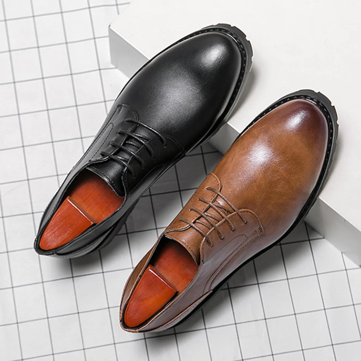 Men's Leather Oxfords Dress Shoes Fashion Round-Toe Lace up Low Top Derby Shoes Retro Classic Business Wedding Formal Shoes