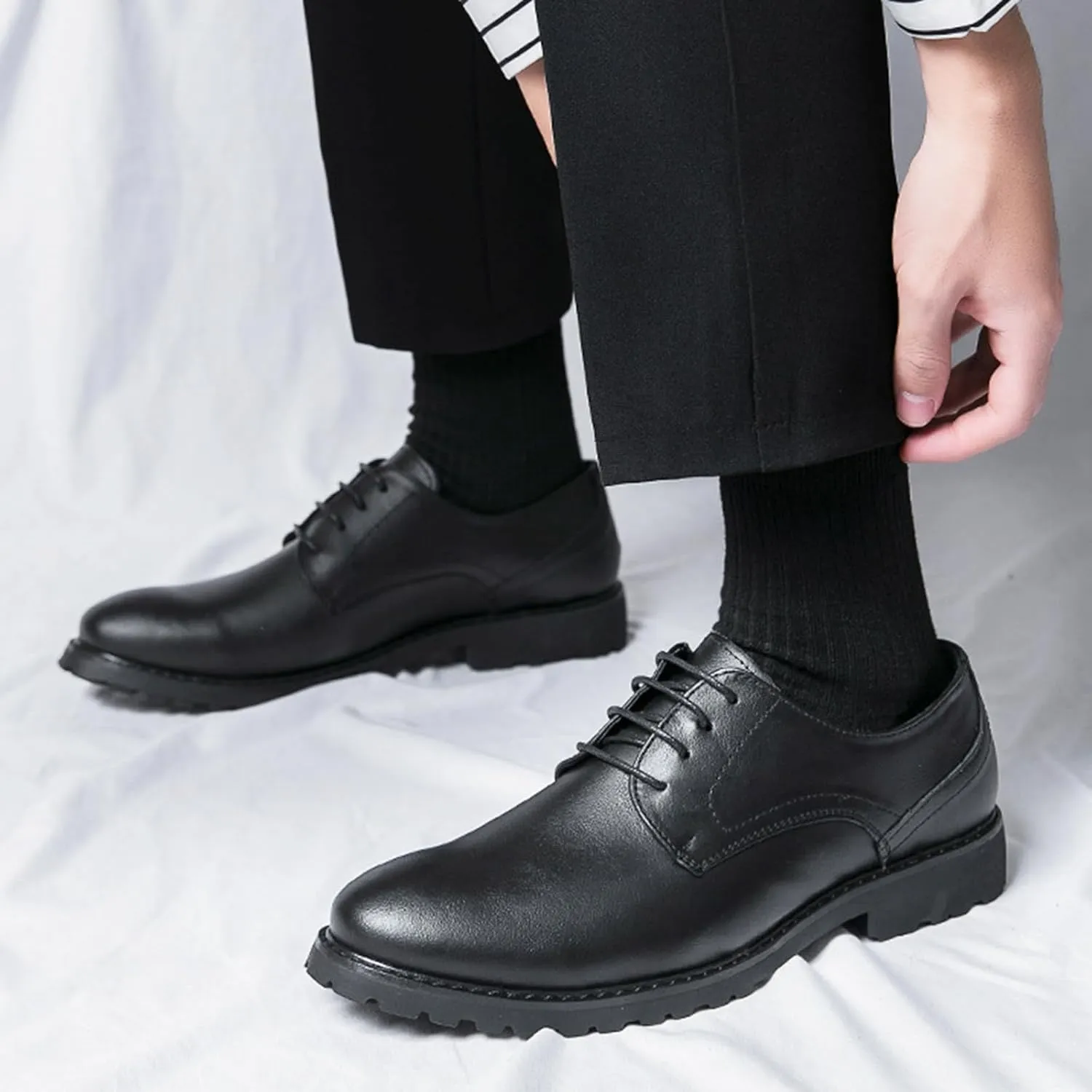 Men's Leather Oxfords Dress Shoes Fashion Round-Toe Lace up Low Top Derby Shoes Retro Classic Business Wedding Formal Shoes