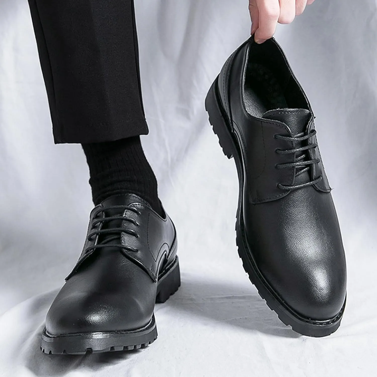 Men's Leather Oxfords Dress Shoes Fashion Round-Toe Lace up Low Top Derby Shoes Retro Classic Business Wedding Formal Shoes