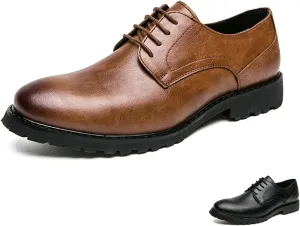 Men's Leather Oxfords Dress Shoes Fashion Round-Toe Lace up Low Top Derby Shoes Retro Classic Business Wedding Formal Shoes