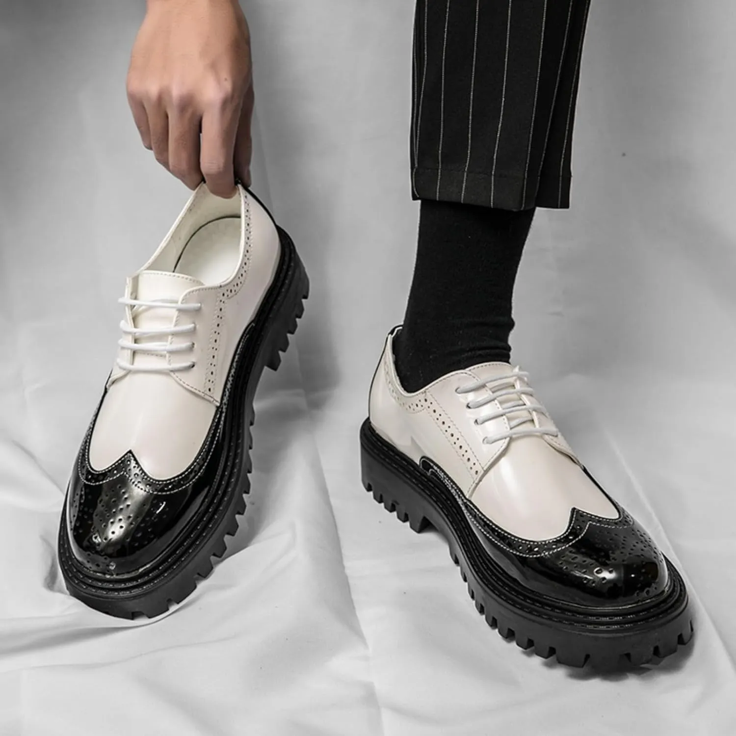 Mens Retro Brogue Multicolor Leather Dress Oxfords Shoes Low Top Non-Slip Round Toe Casual Derby Shoes for Formal Business Wedding