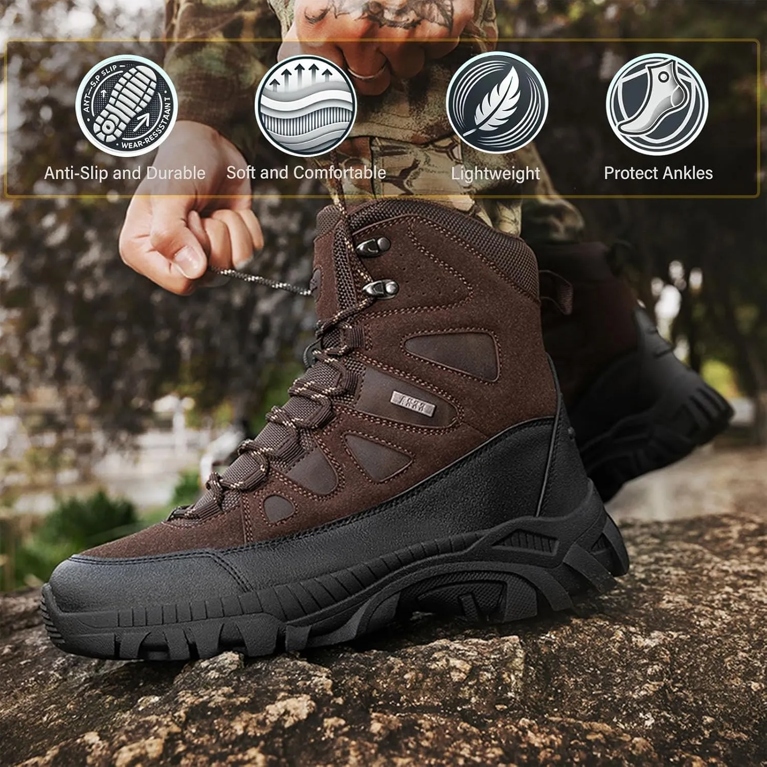 Mens Tactical Combat Boots  Waterproof, Non-Slip Military Hiking Boots with Durable Suede Leather & Ankle Support for Outdoor, Work & Hunting