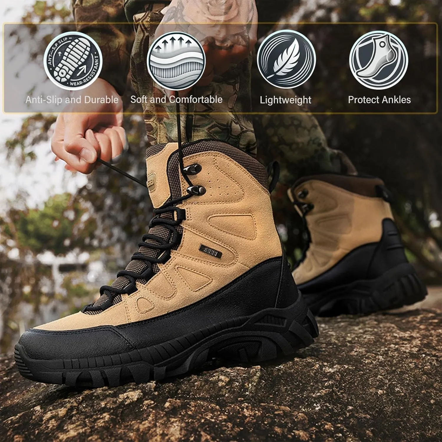 Mens Tactical Combat Boots  Waterproof, Non-Slip Military Hiking Boots with Durable Suede Leather & Ankle Support for Outdoor, Work & Hunting