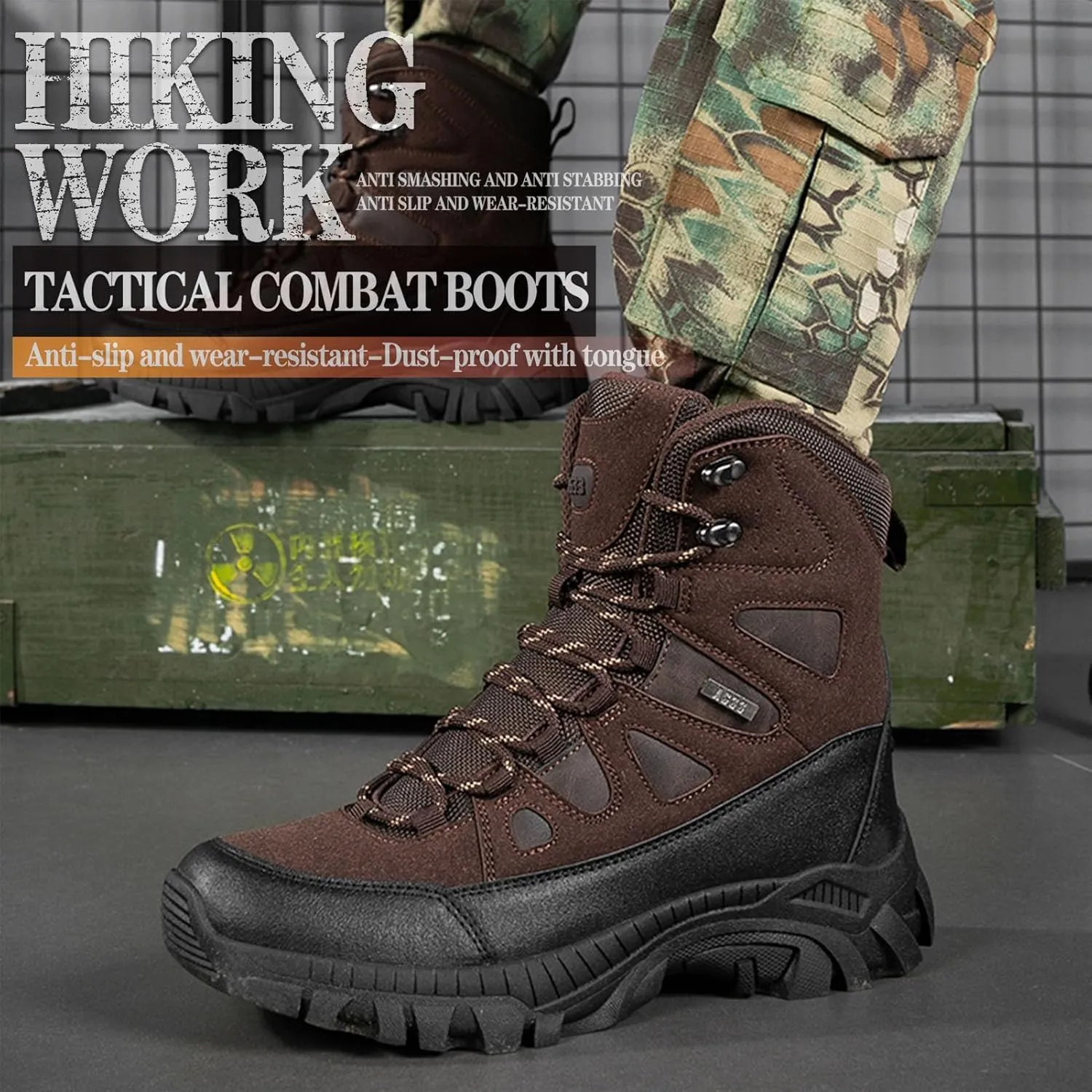Mens Tactical Combat Boots  Waterproof, Non-Slip Military Hiking Boots with Durable Suede Leather & Ankle Support for Outdoor, Work & Hunting