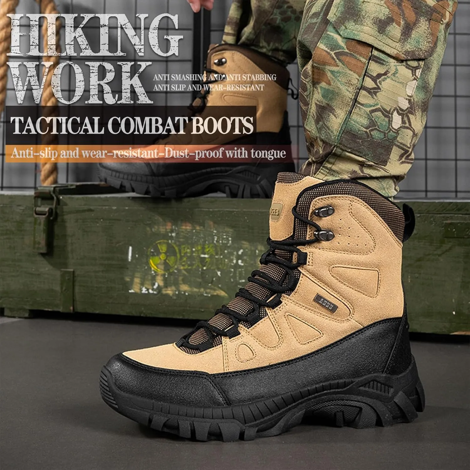 Mens Tactical Combat Boots  Waterproof, Non-Slip Military Hiking Boots with Durable Suede Leather & Ankle Support for Outdoor, Work & Hunting