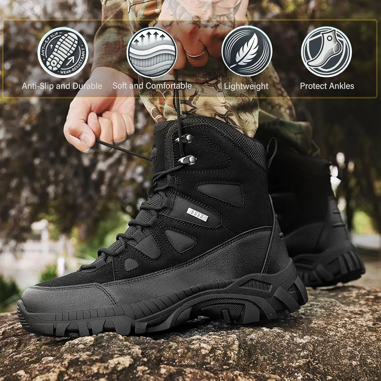 Mens Tactical Combat Boots  Waterproof, Non-Slip Military Hiking Boots with Durable Suede Leather & Ankle Support for Outdoor, Work & Hunting