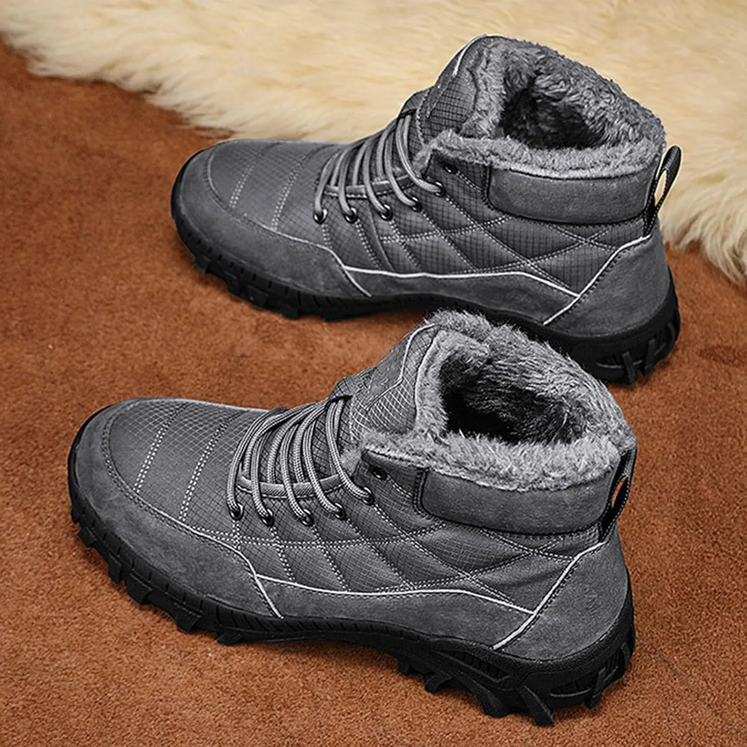Mens Work Boots Waterproof Hiking Sneakers Warm Fur Lined Safety Toe Shoes for Women Food Service Waterproof Outdoor Shoes Lightweight Anti Slip Hike Grounded Footwear