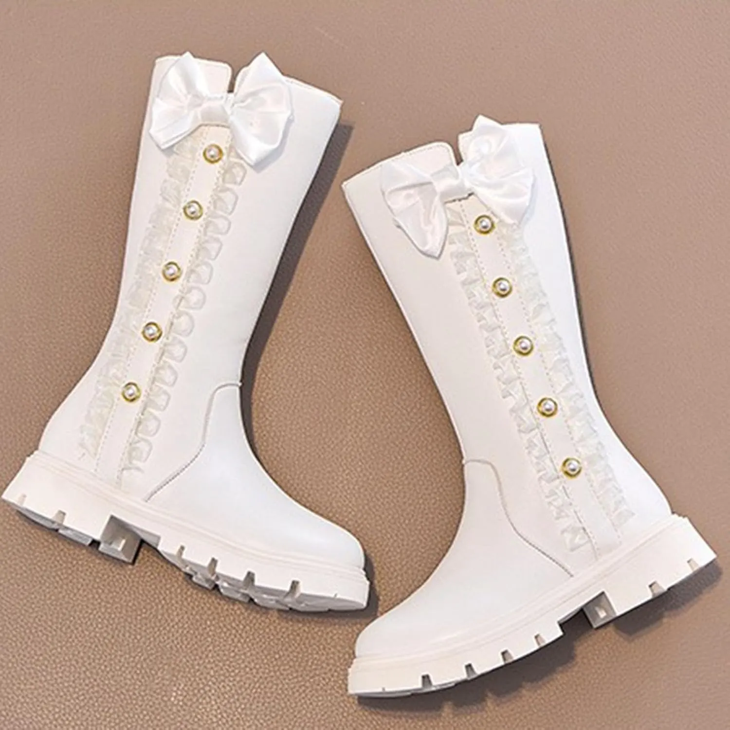 Mid Calf Girls Kids Boots Side Zipper Combat Boots Faux Leather Motorcycle Boots Breathable Low Heel Winter Shoes