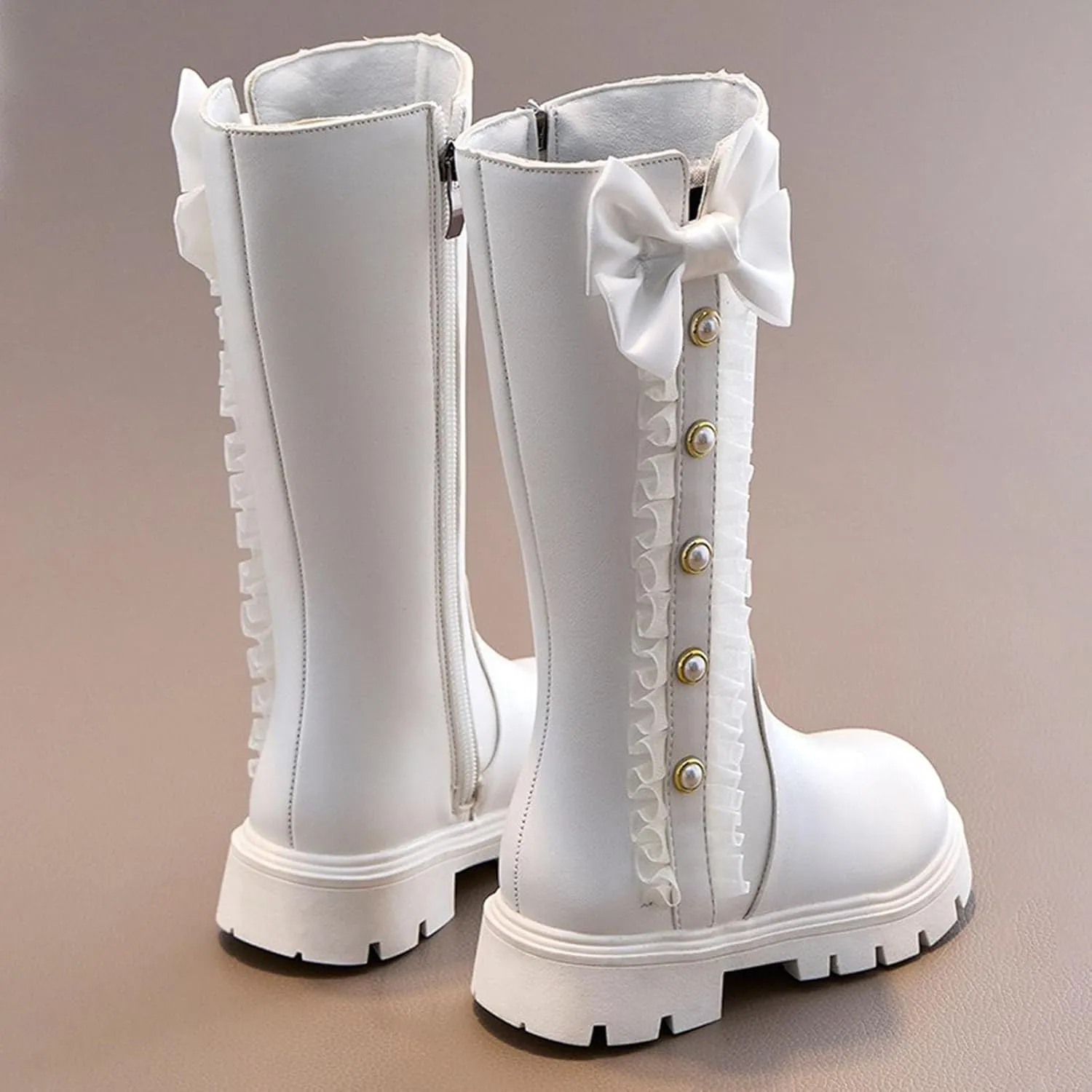 Mid Calf Girls Kids Boots Side Zipper Combat Boots Faux Leather Motorcycle Boots Breathable Low Heel Winter Shoes
