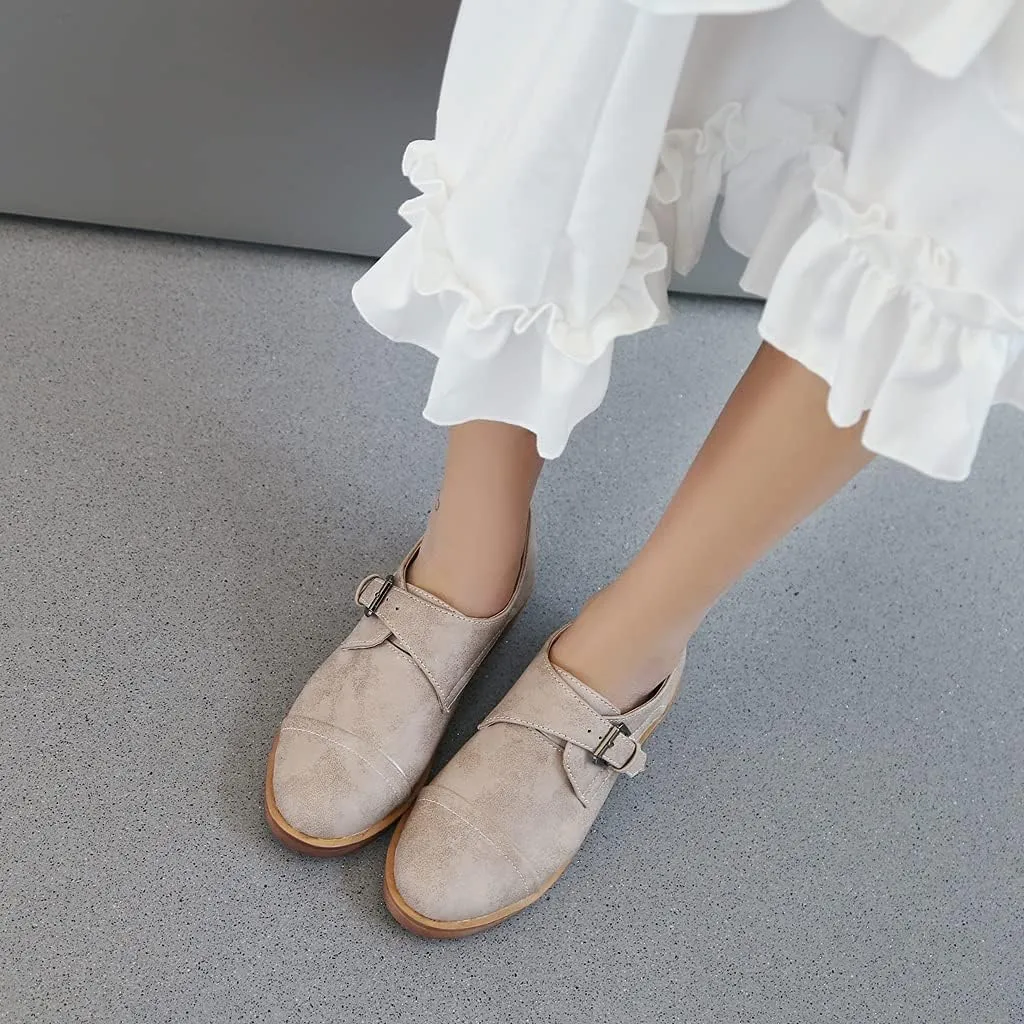 MIOKE Women's Casual Flat Oxford Shoes Suede Round Toe Comfort Low Heel Zipper Walking Oxfords Loafers