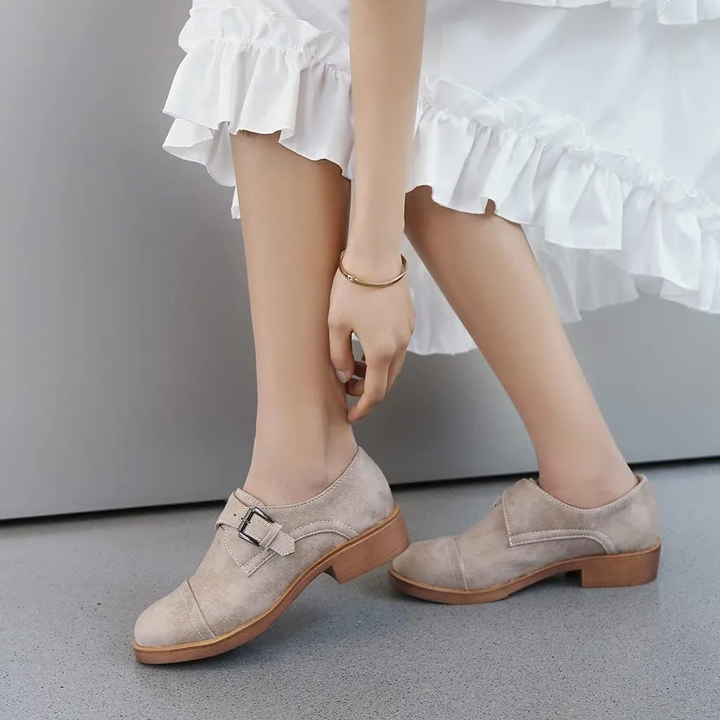 MIOKE Women's Casual Flat Oxford Shoes Suede Round Toe Comfort Low Heel Zipper Walking Oxfords Loafers