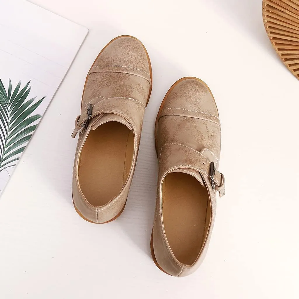 MIOKE Women's Casual Flat Oxford Shoes Suede Round Toe Comfort Low Heel Zipper Walking Oxfords Loafers