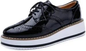 MIOKE Women's Casual Platform Oxford Shoes Wingtip Vintage Lace Up Chunky Mid Heel Dress Wedge Oxfords
