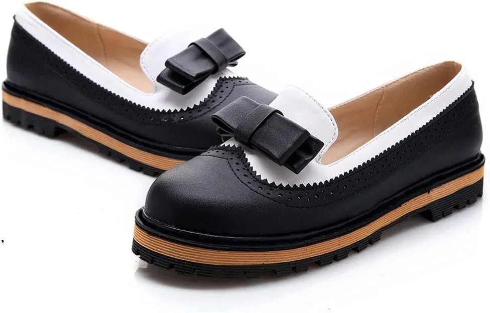 MIOKE Women's Flat Bow Slip On Oxford Shoes Two Tone Wingtip Perforated Low Heels School Oxfords Brogues