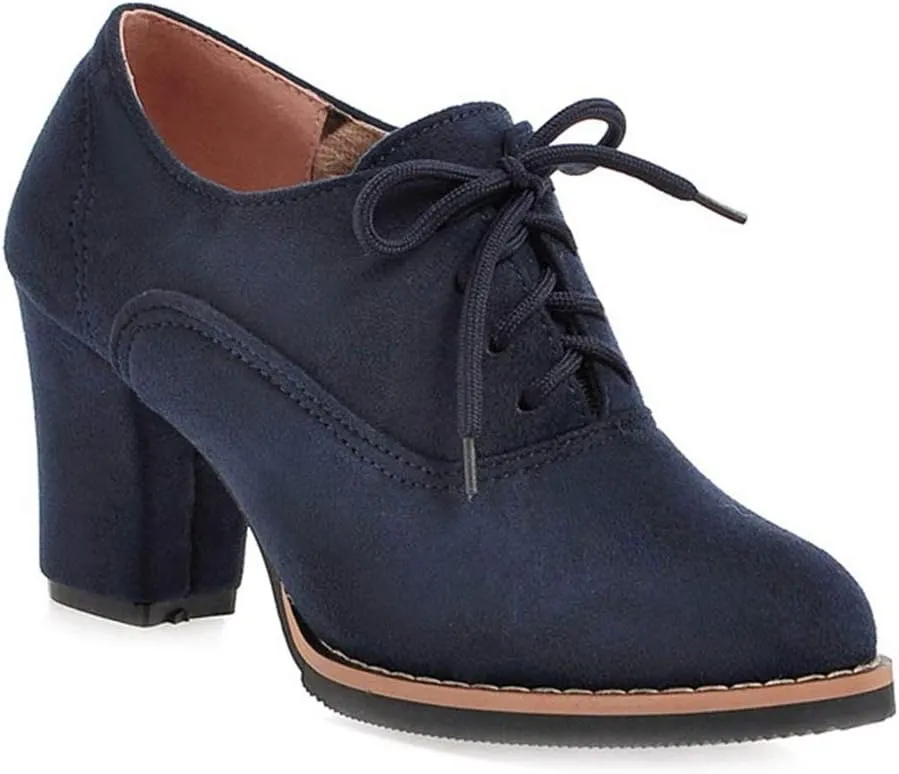 MIOKE Women's Lace Up Pump Oxfords Fashion Round Toe Suede Comfort Chunky Mid Heels Dress Shoes Ankle Boots