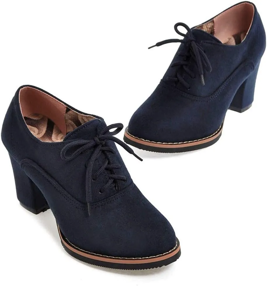 MIOKE Women's Lace Up Pump Oxfords Fashion Round Toe Suede Comfort Chunky Mid Heels Dress Shoes Ankle Boots