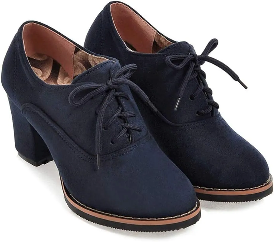 MIOKE Women's Lace Up Pump Oxfords Fashion Round Toe Suede Comfort Chunky Mid Heels Dress Shoes Ankle Boots