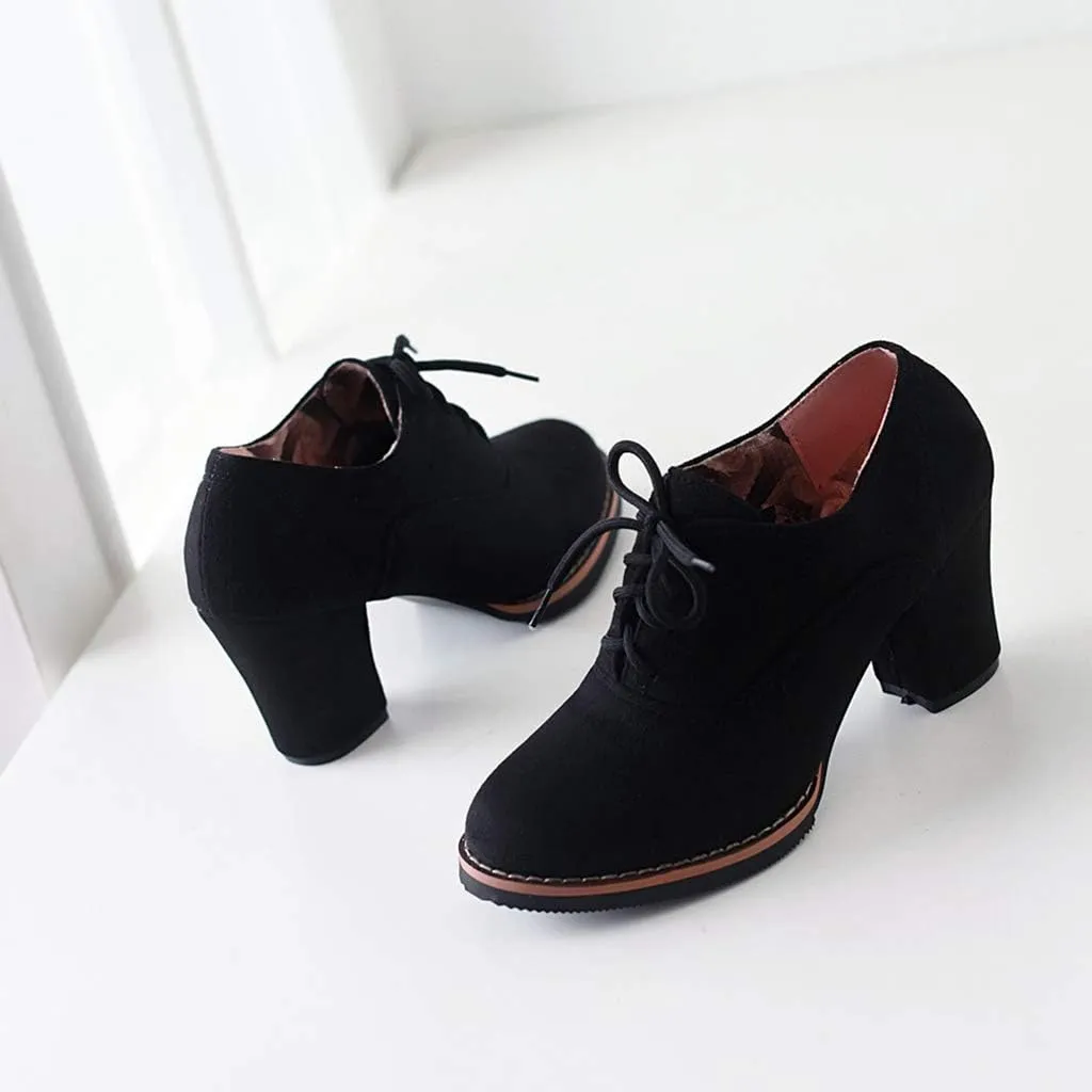 MIOKE Women's Lace Up Pump Oxfords Fashion Round Toe Suede Comfort Chunky Mid Heels Dress Shoes Ankle Boots