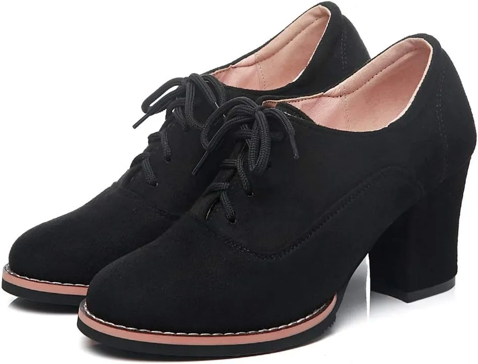 MIOKE Women's Lace Up Pump Oxfords Fashion Round Toe Suede Comfort Chunky Mid Heels Dress Shoes Ankle Boots