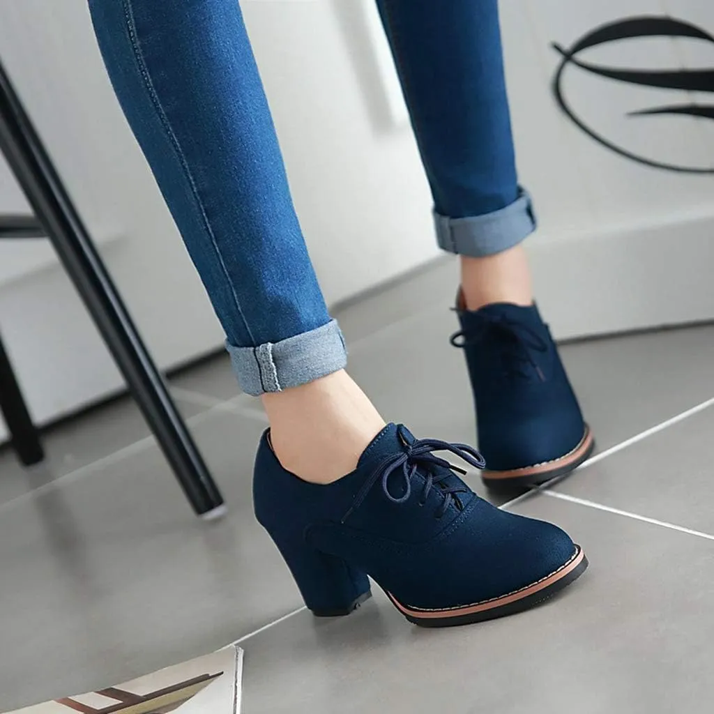 MIOKE Women's Lace Up Pump Oxfords Fashion Round Toe Suede Comfort Chunky Mid Heels Dress Shoes Ankle Boots