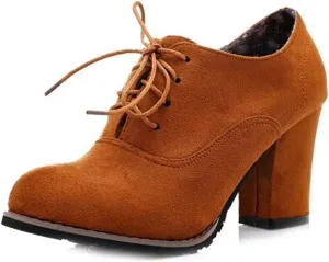 MIOKE Women's Lace Up Pump Oxfords Fashion Round Toe Suede Comfort Chunky Mid Heels Dress Shoes Ankle Boots