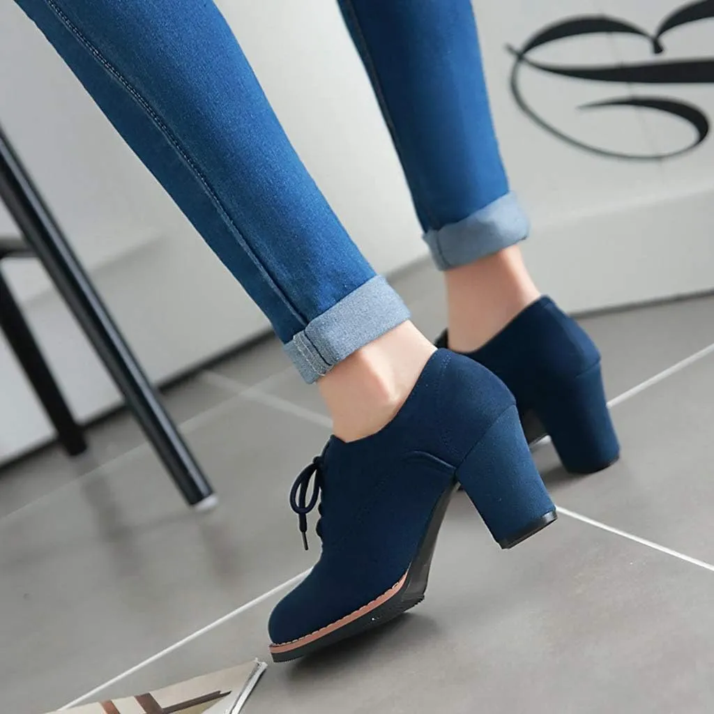 MIOKE Women's Lace Up Pump Oxfords Fashion Round Toe Suede Comfort Chunky Mid Heels Dress Shoes Ankle Boots