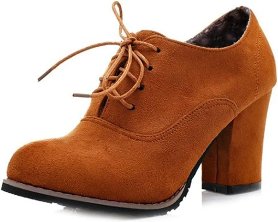 MIOKE Women's Lace Up Pump Oxfords Fashion Round Toe Suede Comfort Chunky Mid Heels Dress Shoes Ankle Boots