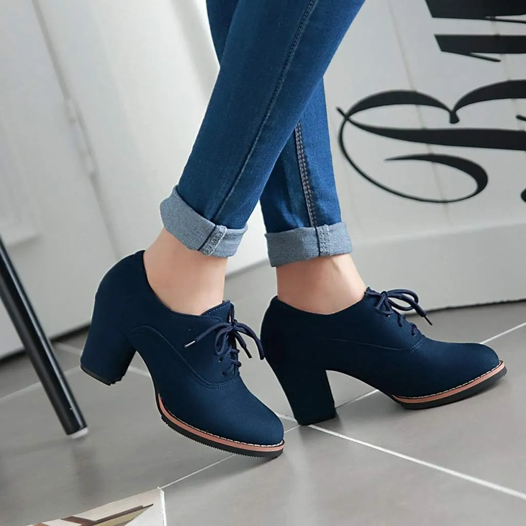 MIOKE Women's Lace Up Pump Oxfords Fashion Round Toe Suede Comfort Chunky Mid Heels Dress Shoes Ankle Boots