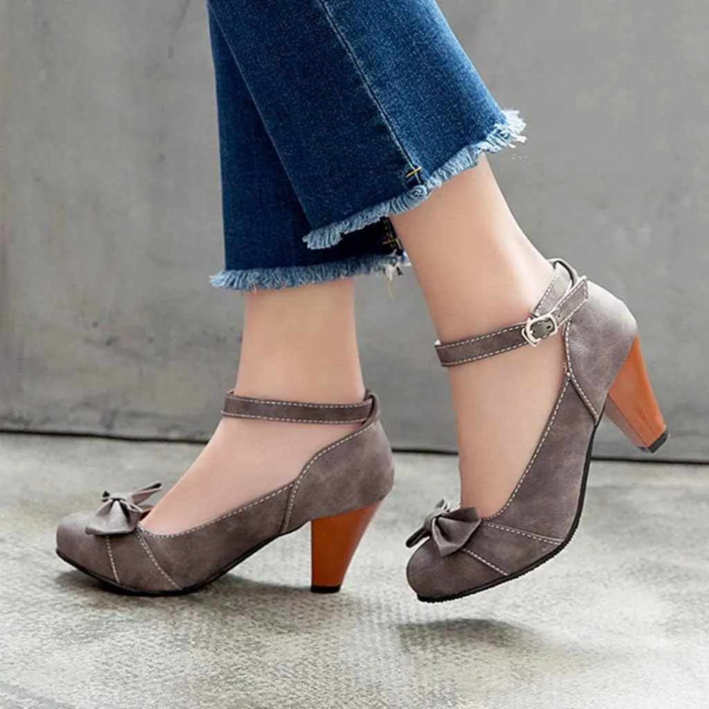 MIOKE Women's Mary Jane Pump Oxfords Pointed Toe Buckle Strap Leather Kitten Mid Heel Retro Dress Shoes