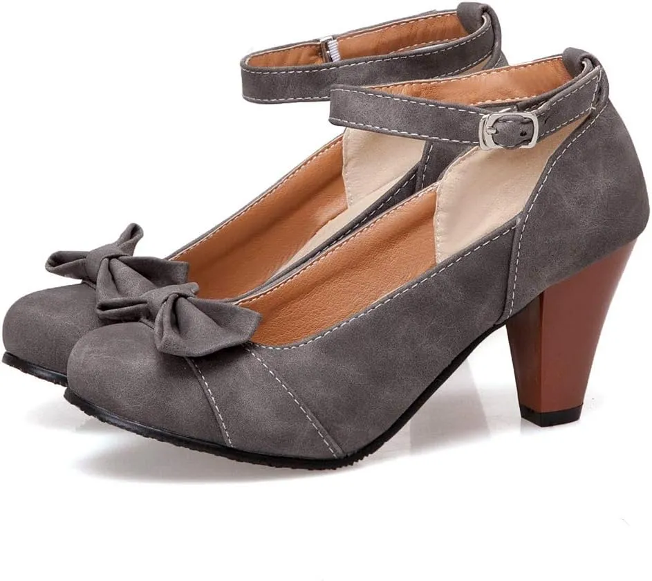 MIOKE Women's Mary Jane Pump Oxfords Pointed Toe Buckle Strap Leather Kitten Mid Heel Retro Dress Shoes