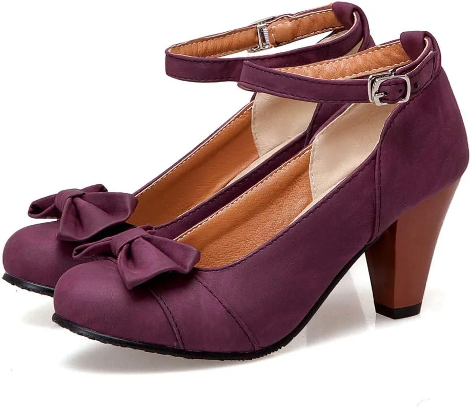 MIOKE Women's Mary Jane Pump Oxfords Pointed Toe Buckle Strap Leather Kitten Mid Heel Retro Dress Shoes