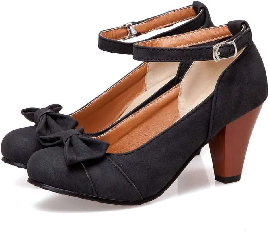 MIOKE Women's Mary Jane Pump Oxfords Pointed Toe Buckle Strap Leather Kitten Mid Heel Retro Dress Shoes
