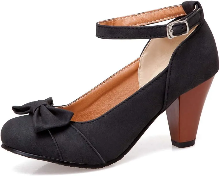 MIOKE Women's Mary Jane Pump Oxfords Pointed Toe Buckle Strap Leather Kitten Mid Heel Retro Dress Shoes