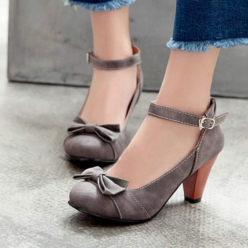 MIOKE Women's Mary Jane Pump Oxfords Pointed Toe Buckle Strap Leather Kitten Mid Heel Retro Dress Shoes