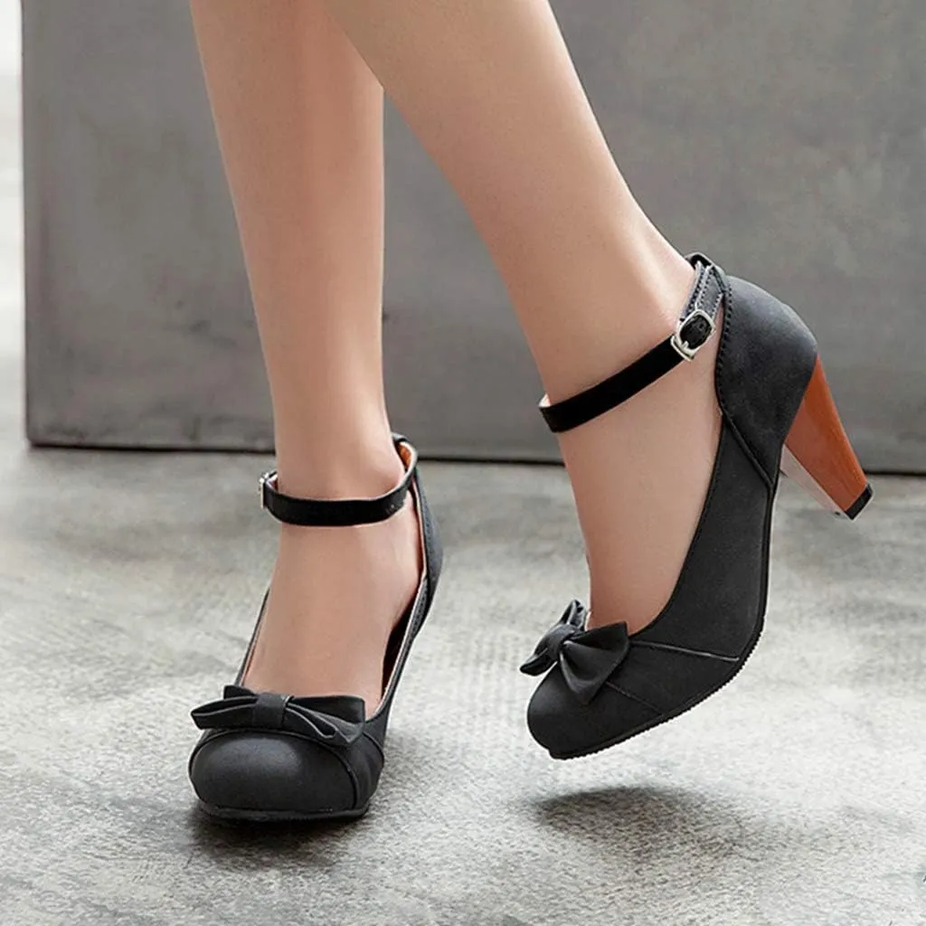 MIOKE Women's Mary Jane Pump Oxfords Pointed Toe Buckle Strap Leather Kitten Mid Heel Retro Dress Shoes